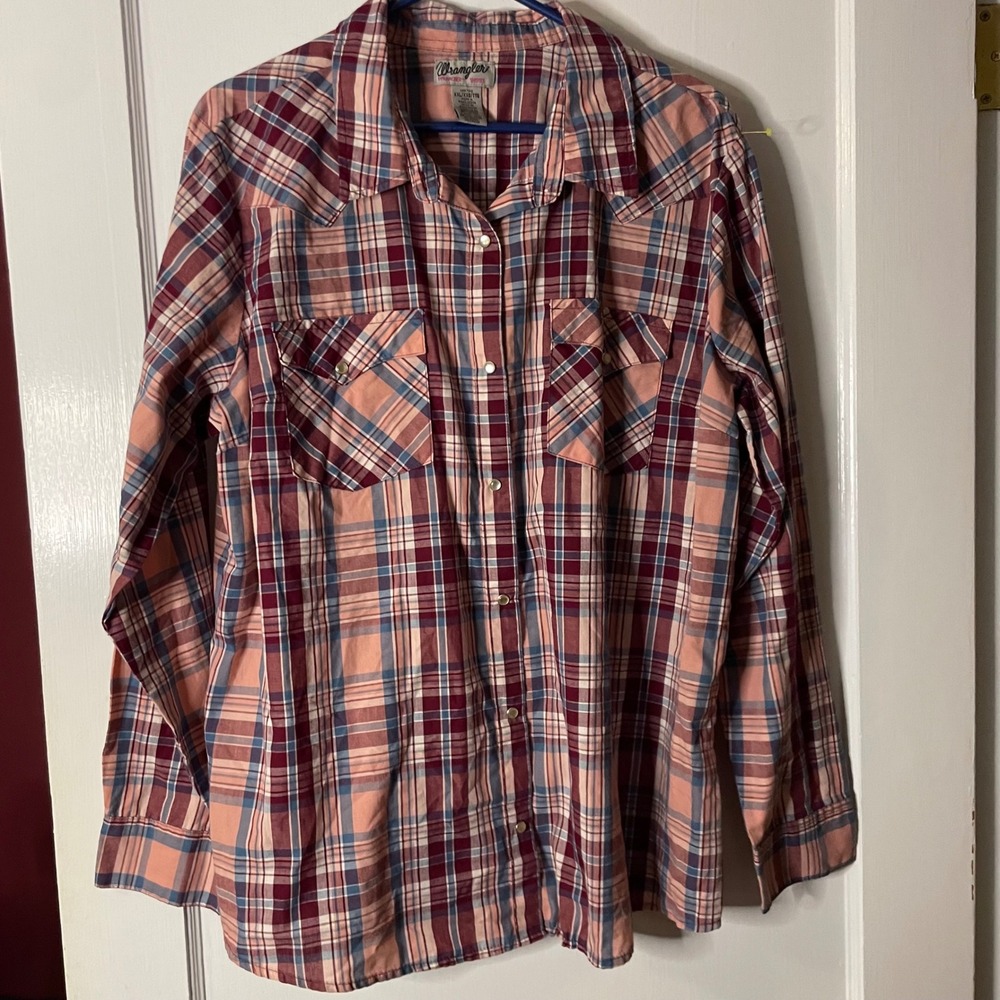 Wrangler‎ XXL Plaid Western Shirt Menswear Rancher Long Sleeve Maroon Peach